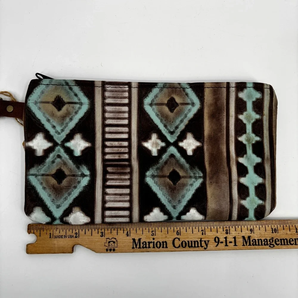 Hide Junkie Wristlet Pouch Women OS Brown Aztec Turquoise Leather Made in USA